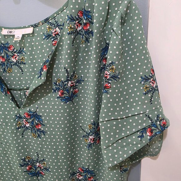 DR2 Green Floral Polka Dot Blouse XL Pleated Flutter Sleeve Split Neck Top - Picture 4 of 12